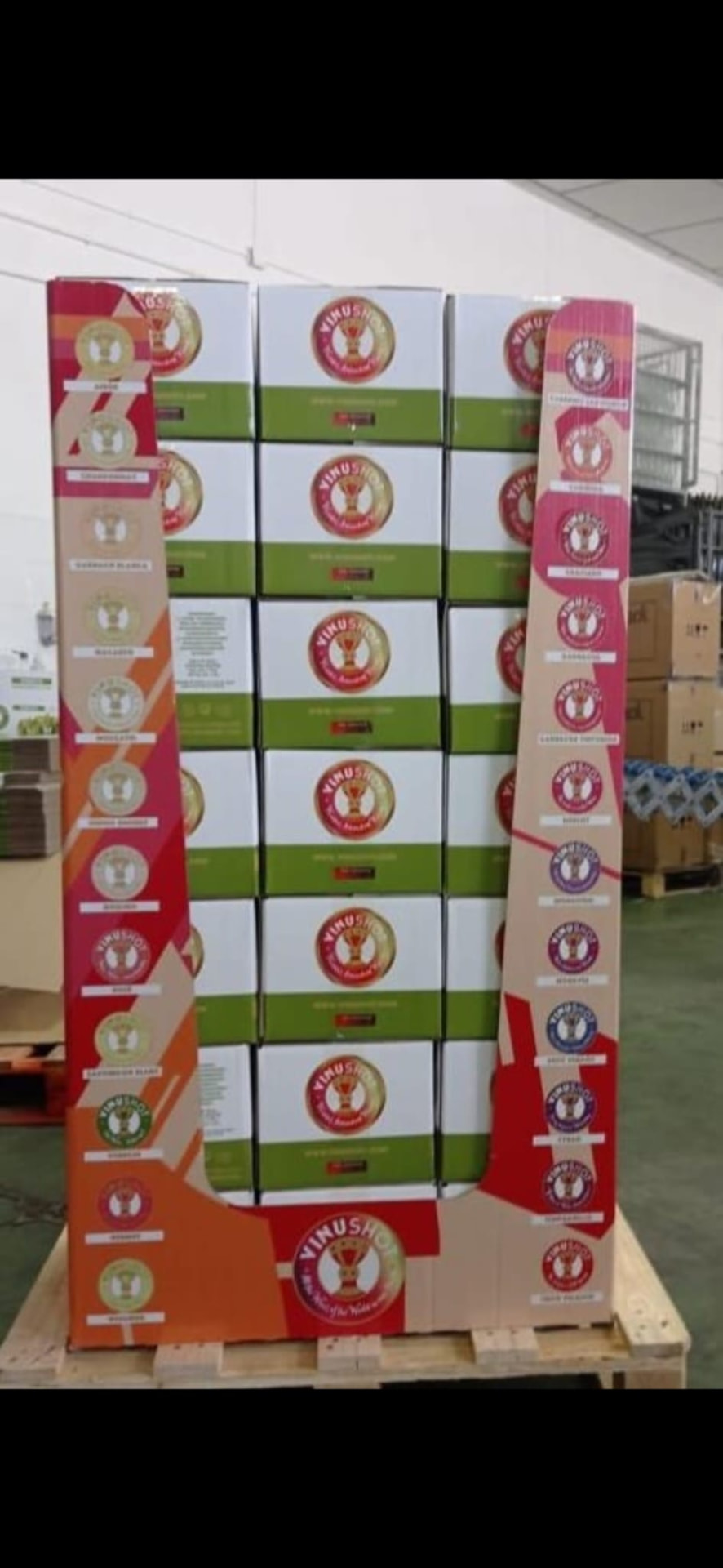 Pallet of VinuShot cases at the bodega ready for distribution
